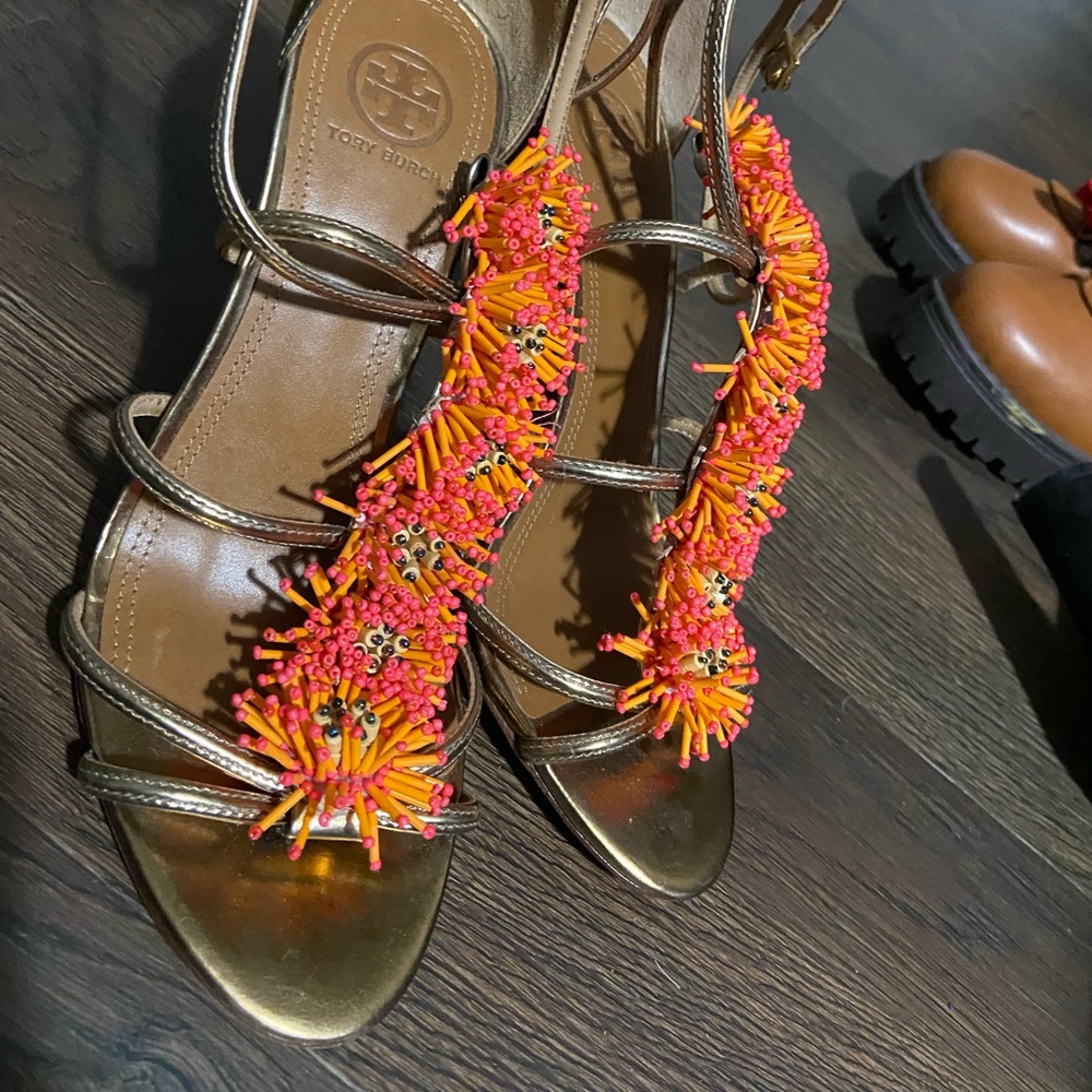 Tory Burch Gold and Orange Beaded Heels